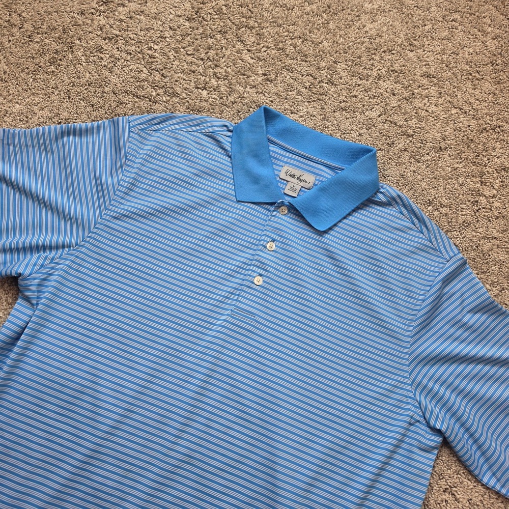 Walter Hagen Polo Mens Large Blue White Striped Polyester Golf Sporty Adult